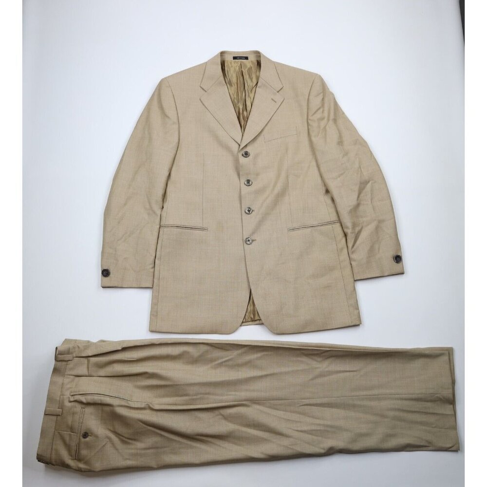 Vintage 90s FUBU Mens 42L 35W Baggy Players Wool 2 Piece Suit Sharkskin Beige
